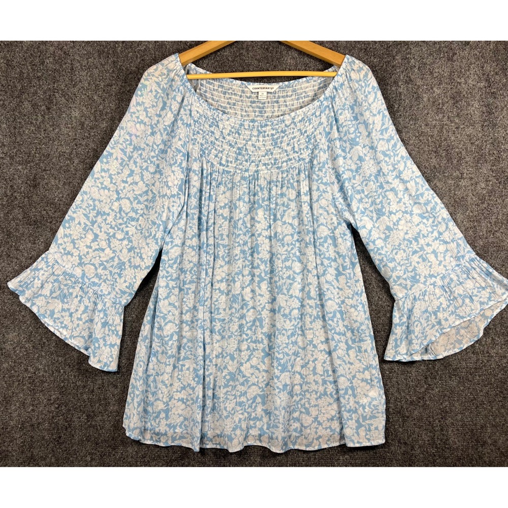 Counterparts Womens 2X Blue White Floral Smocked Square Neck Bell Sleeve Blouse